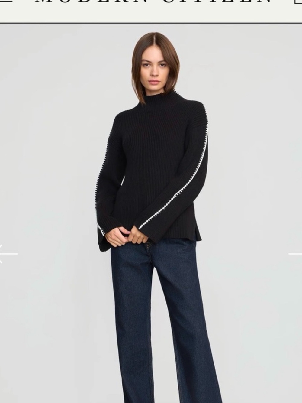 Black Ribbed Turtleneck Sweater with White Trim